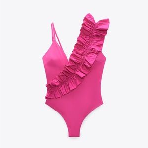 NWT Zara Ruffled One Piece Swimsuit Fuchsia Medium